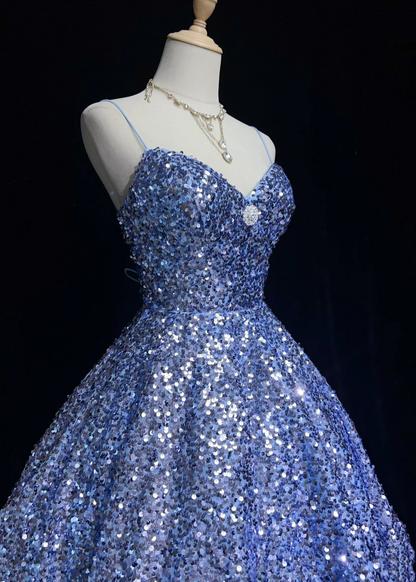Cute Ball Gown Spaghetti Straps Blue Sequin Short Mini Formal 8th Grade Homecoming Dresses Middle School Cocktail Night Dress Hoco Outfits DH1452