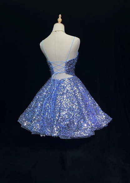 Cute Ball Gown Spaghetti Straps Blue Sequin Short Mini Formal 8th Grade Homecoming Dresses Middle School Cocktail Night Dress Hoco Outfits DH1452