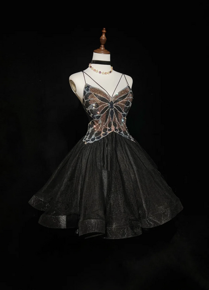 Cute Ball Gown Spaghetti Straps Black Tulle Backless Short Mini Formal 8th Grade Homecoming Dresses Middle School Cocktail Night Dress Hoco Outfits DH1455