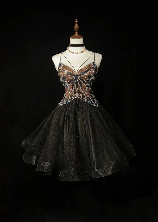 Cute Ball Gown Spaghetti Straps Black Tulle Backless Short Mini Formal 8th Grade Homecoming Dresses Middle School Cocktail Night Dress Hoco Outfits DH1455