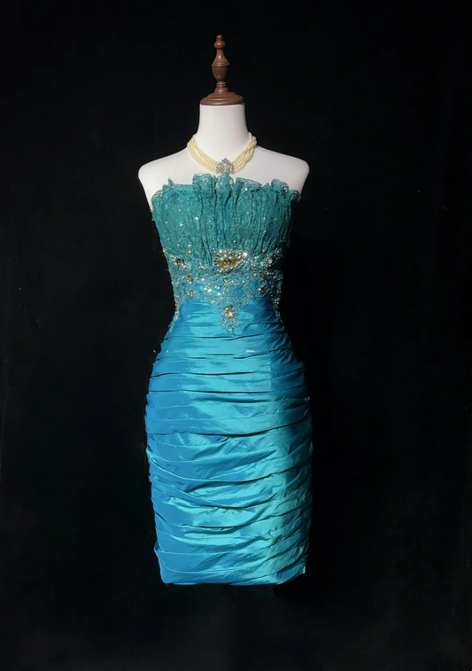 Vintage Sheath Strapless Blue Satin Knee Length Formal 8th Grade Homecoming Dresses Middle School Cocktail Dress Hoco Outfits DH1461