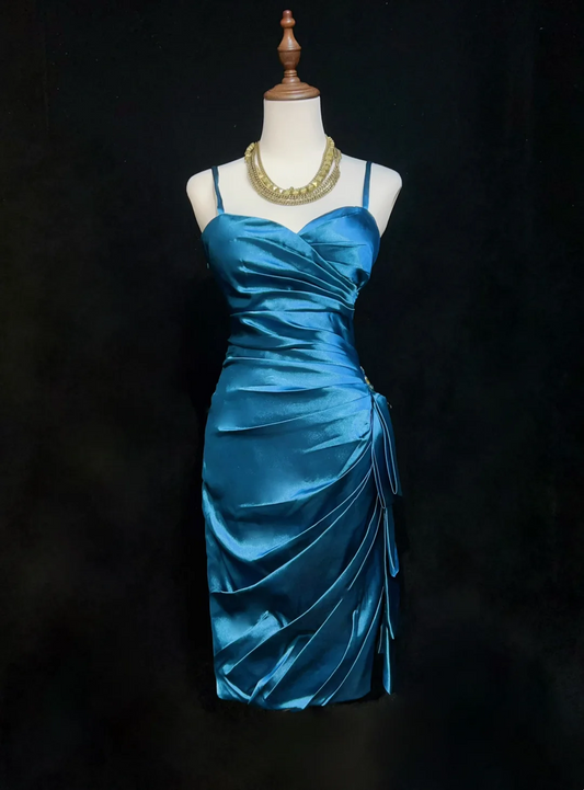 Trendy Sheath Spaghetti Straps Blue Knee Length Formal 8th Grade Homecoming Dresses Middle School Cocktail Dress Hoco Outfits DH1463