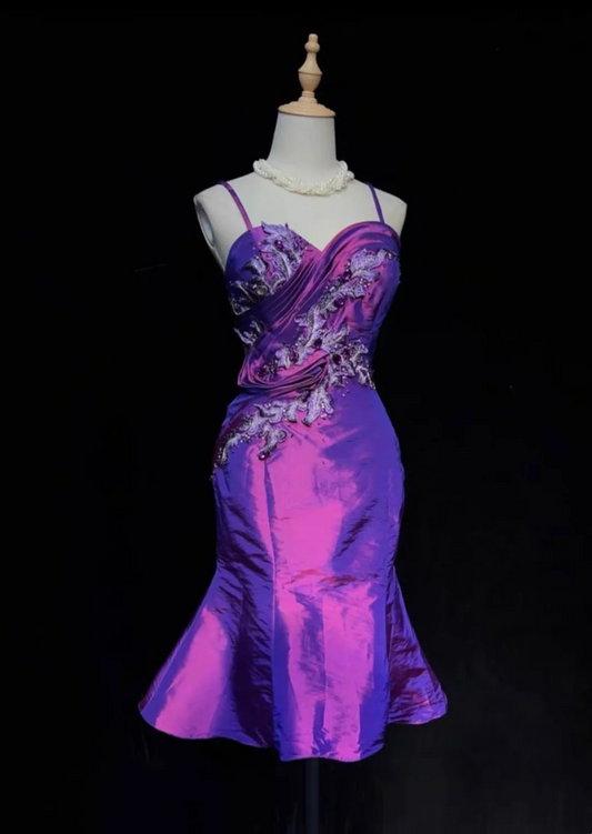 Trendy Mermaid Spaghetti Straps Grape Knee Length Formal 8th Grade Homecoming Dresses Middle School Cocktail Dress Hoco Outfits DH1464
