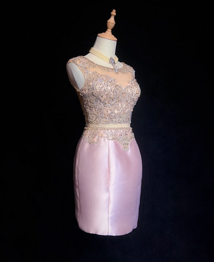 Vintage Sheath Scoop Neck Pink Short Satin Formal 8th Grade Homecoming Dresses Middle School Cocktail Dress Mini Hoco Outfits DH1467