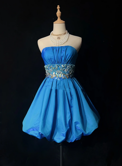 Vintage Ball Gown Strapless Blue Satin Short Mini Formal 8th Grade Homecoming Dresses Middle School Cocktail Dress Hoco Outfits DH1469