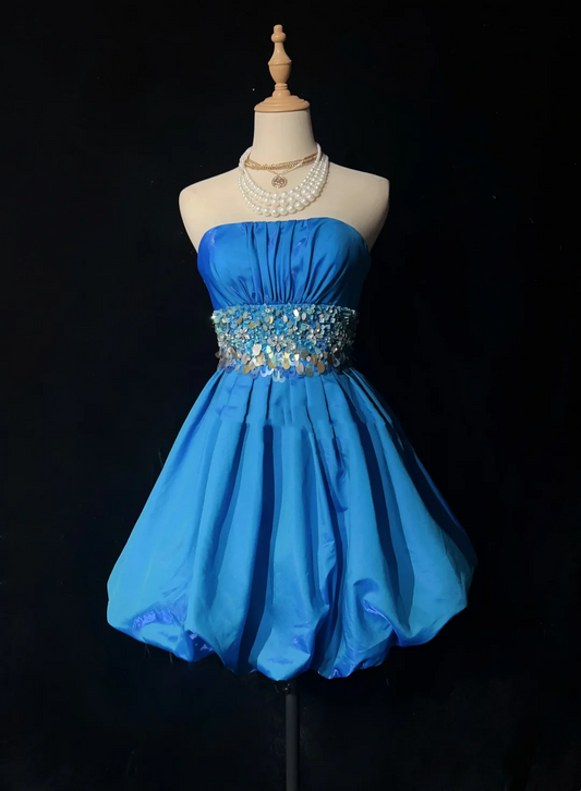 Vintage Ball Gown Strapless Blue Satin Short Mini Formal 8th Grade Homecoming Dresses Middle School Cocktail Dress Hoco Outfits DH1469