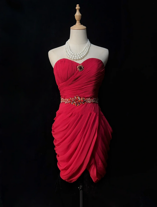 Robe fourreau vintage en mousseline de soie rouge, courte, formelle, pour le bal de fin d'année, pour le collège, tenue de cocktail, mini, Hoco, DH1469