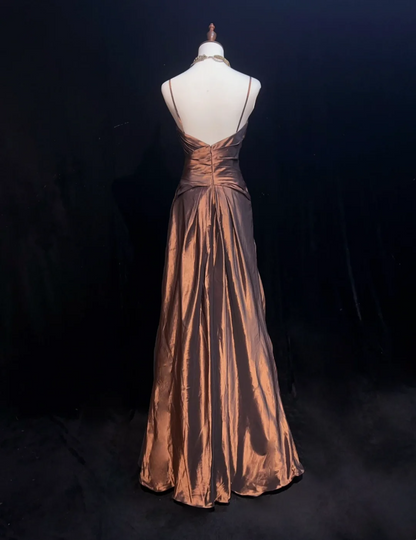 Robe de bal longue en taffetas marron à bretelles spaghetti, coupe trapèze, tenue d'été pour 20e anniversaire, 18e anniversaire, DH1470