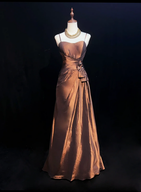 Robe de bal longue en taffetas marron à bretelles spaghetti, coupe trapèze, tenue d'été pour 20e anniversaire, 18e anniversaire, DH1470