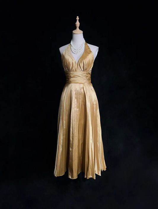 Vintage A Line Halter Gold Taffeta Tea Length Formal 8th Grade Homecoming Dresses Middle School Cocktail Dress Hoco Outfits DH1473
