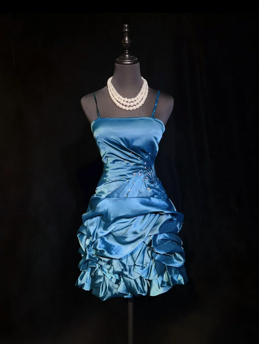 Vintage Ball Gown Spaghetti Straps Blue Satin Short Mini Formal 8th Grade Homecoming Dresses Middle School Cocktail Dress Hoco Outfits DH1475