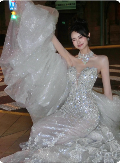 Luxury Mermaid Sweetheart Sleeveless Sequin With Pearls Beads Wedding Dress Modest Wedding Dresses Princess Wedding Gowns DH1487