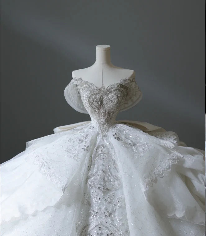 Princess Bridal Dress Ball Gown Off The Shoulder Tulle Wedding Dress With Short Sleeves Wedding Dresses Modest Wedding Gowns DH1503