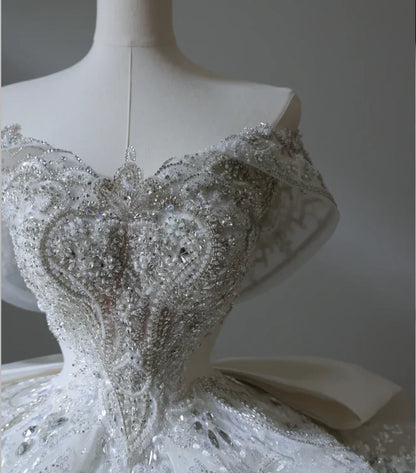 Princess Bridal Dress Ball Gown Off The Shoulder Tulle Wedding Dress With Short Sleeves Wedding Dresses Modest Wedding Gowns DH1503