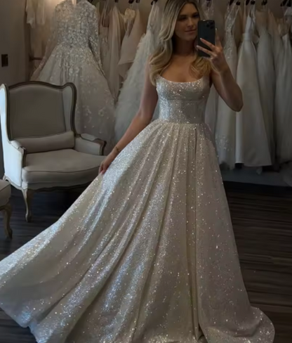 Unique Bridal Dress A line Spaghetti Straps White Sequin Long Wedding Dresses Simple Bride Dress Bridal Gowns DH1511