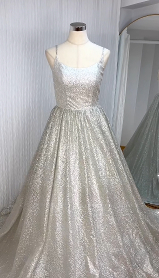 Unique Bridal Dress A line Spaghetti Straps White Sequin Long Wedding Dresses Simple Bride Dress Bridal Gowns DH1511