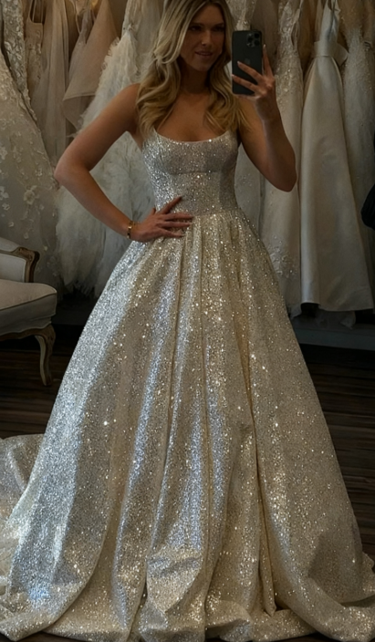 Unique Bridal Dress A line Spaghetti Straps White Sequin Long Wedding Dresses Simple Bride Dress Bridal Gowns DH1511