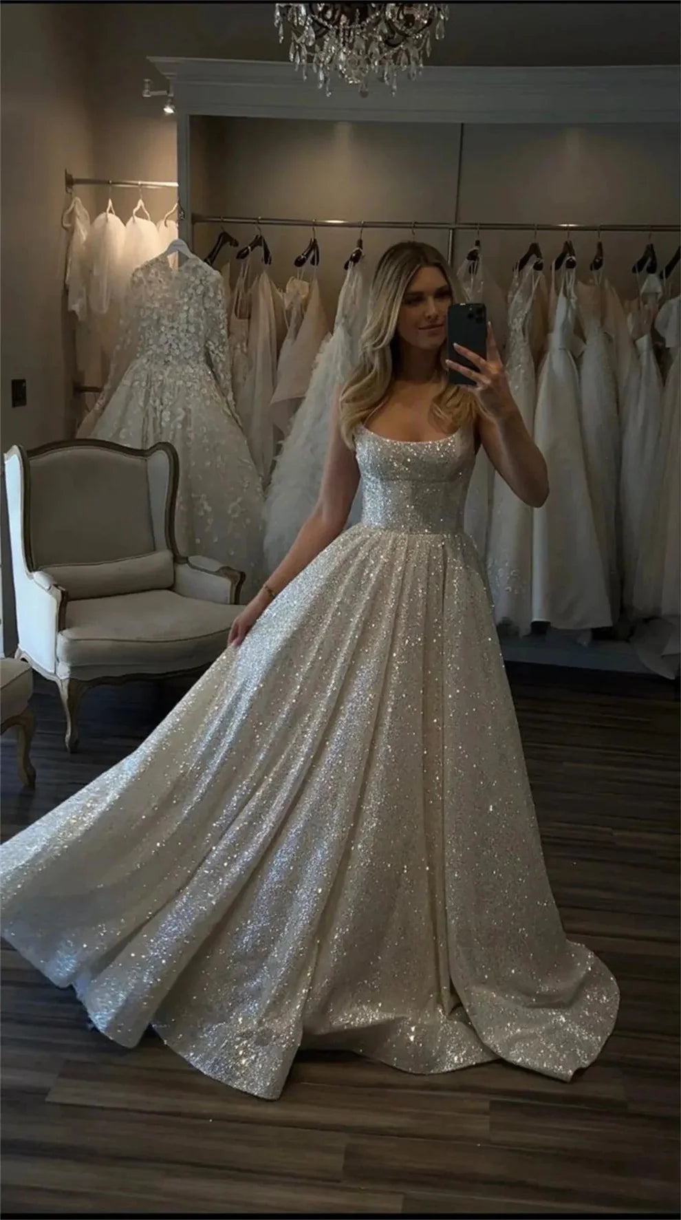 Unique Bridal Dress A line Spaghetti Straps White Sequin Long Wedding Dresses Simple Bride Dress Bridal Gowns DH1511