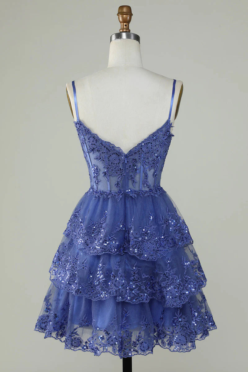 Unique A line Spaghetti Straps Blue Lace Short Mini Formal 7th Grade Homecoming Dresses Middle School Short Cocktail Night Dress Hoco Outfits DH1513