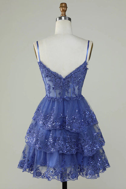Unique A line Spaghetti Straps Blue Lace Short Mini Formal 7th Grade Homecoming Dresses Middle School Short Cocktail Night Dress Hoco Outfits DH1513