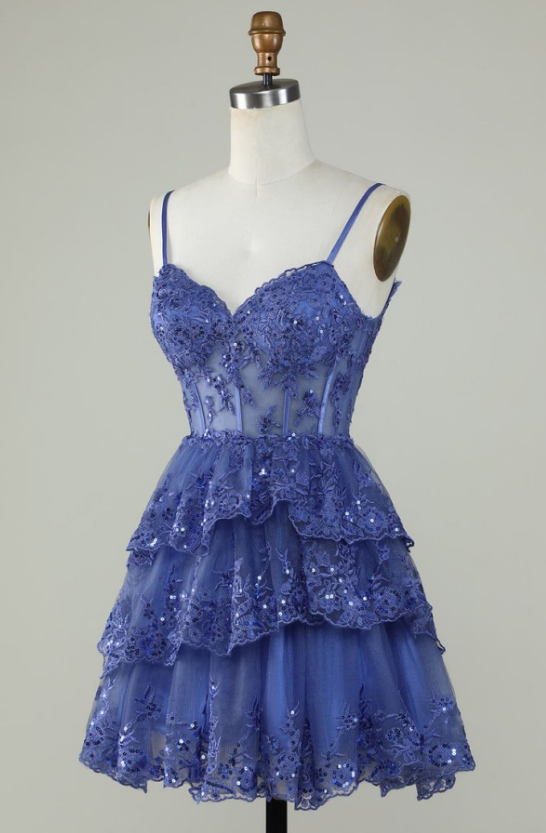 Unique A line Spaghetti Straps Blue Lace Short Mini Formal 7th Grade Homecoming Dresses Middle School Short Cocktail Night Dress Hoco Outfits DH1513