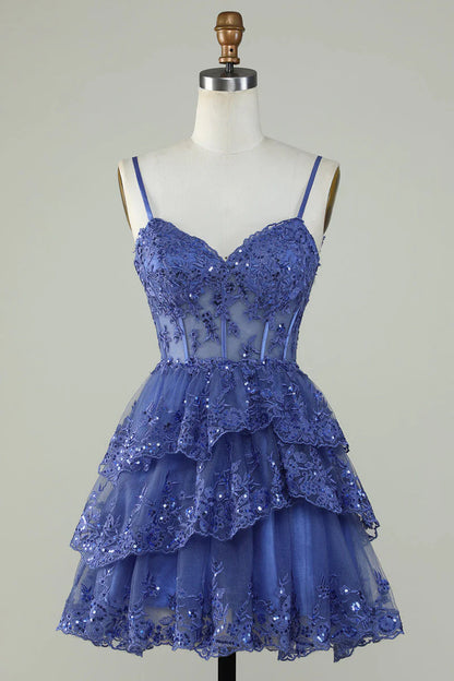 Unique A line Spaghetti Straps Blue Lace Short Mini Formal 7th Grade Homecoming Dresses Middle School Short Cocktail Night Dress Hoco Outfits DH1513