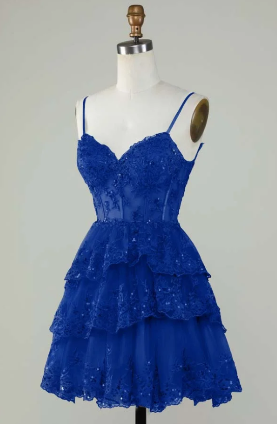 Unique A line Spaghetti Straps Blue Lace Short Mini Formal 7th Grade Homecoming Dresses Middle School Short Cocktail Night Dress Hoco Outfits DH1513