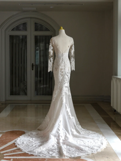 Luxury Mermaid V Neck Long Sleeves Lace White Wedding Dress Modest Wedding Dresses Princess Wedding Gowns DH1558