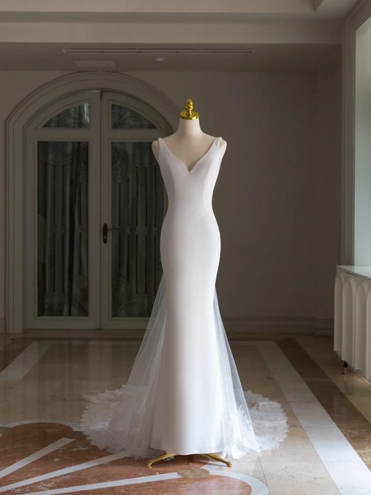 Simple Mermaid V Neck Satin White Wedding Dress Modest Wedding Dresses Princess Wedding Gowns DH1559