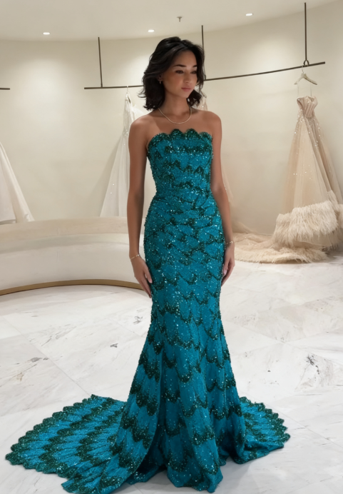 Elegant Sheath Strapless Blue Sequin Prom Dresses Party Dress Summer 22th Birthday Outfits 18th Birthday Dresses DH1584