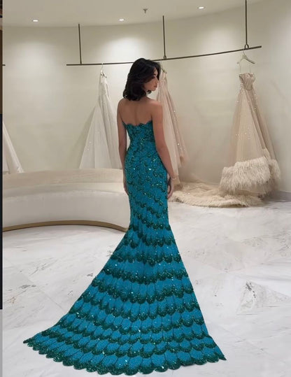 Robe de bal élégante à paillettes bleues, sans bretelles, tenue de soirée pour 22e anniversaire, 18e anniversaire, DH1584