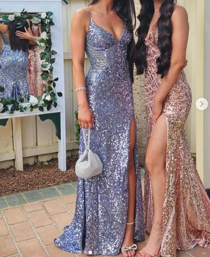 Elegant Sheath Spaghetti Straps Sequin Slit Prom Dresses Party Dress Summer 22th Birthday Outfits 18th Birthday Dresses DH1586