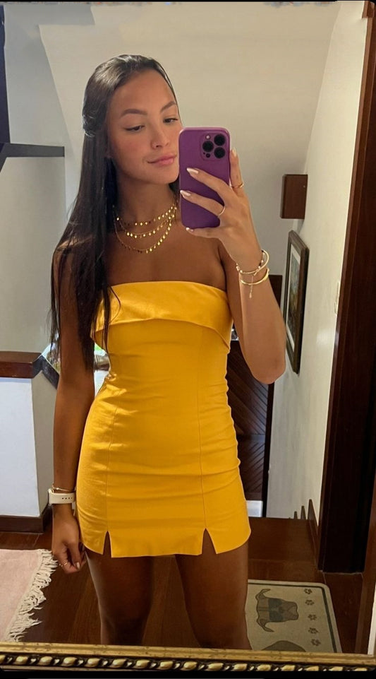 Cute Sheath Strapless Yellow Satin Formal 8th Grade Homecoming Dresses Summer Middle School Hoco Dress Homecoming Outfits DH160