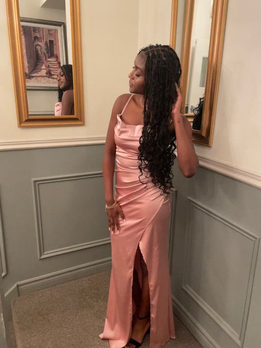 Robe de bal longue en satin rose à bretelles spaghetti, élégante, tenue d'été pour 22e anniversaire, 18e anniversaire, DH1610