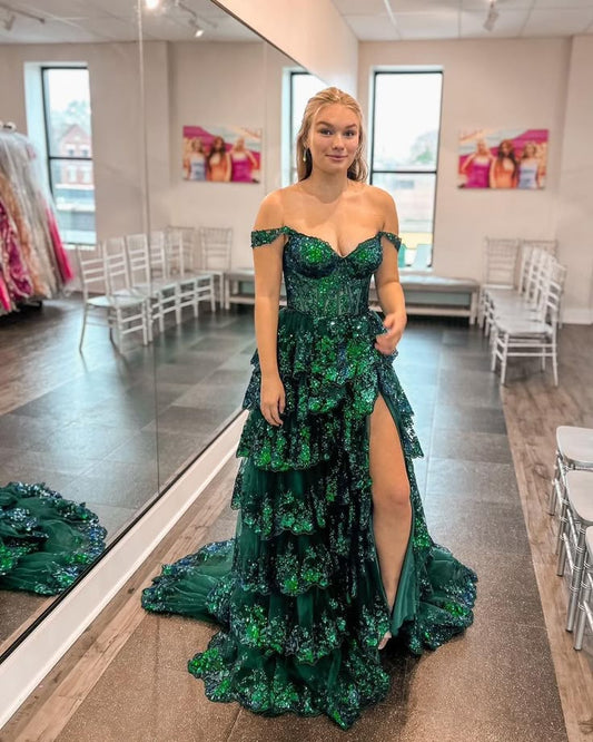 Robe de soirée élégante en dentelle verte, coupe trapèze, épaules dénudées, longue, fendue, tenue d'été pour 22e anniversaire, 18e anniversaire, DH1612