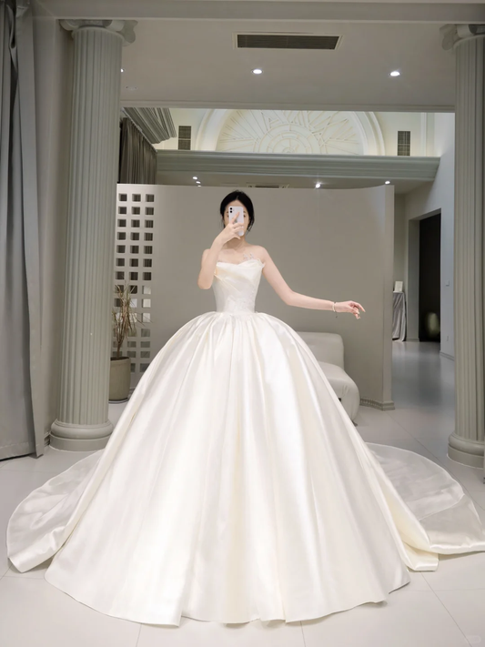 Unique Bridal Dress Ball Gown Strapless Satin White Long Wedding Dresses Luxury Bride Dress Bridal Gowns DH1612