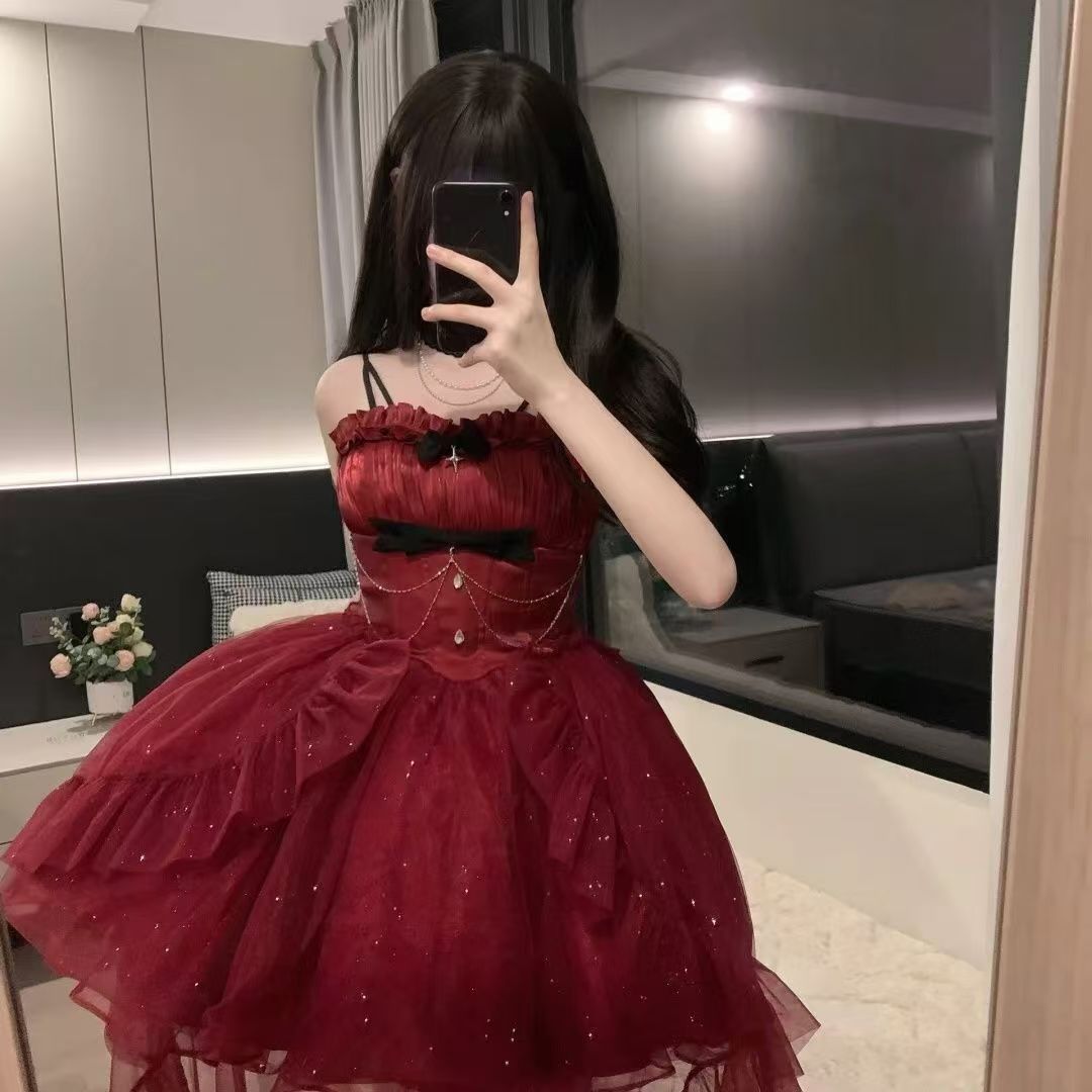 Goth Ball Gown Spaghetti Straps Burgundy Short Mini Formal 8th Grade Homecoming Dresses Middle School Lolita Dress Birthday Outfits Lolita Outfit DH1639