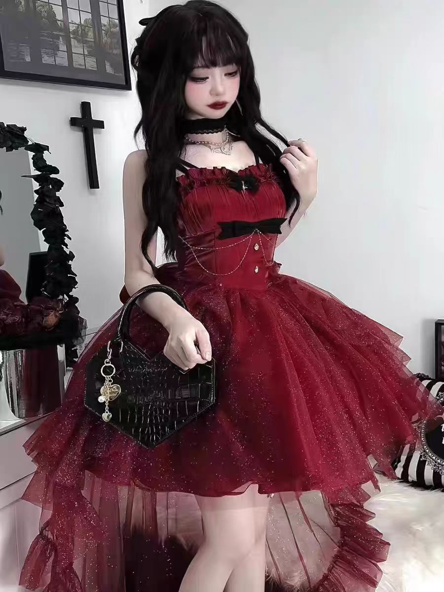 Goth Ball Gown Spaghetti Straps Burgundy Short Mini Corset Back Formal 8th Grade Homecoming Dresses Middle School Lolita Dress Birthday Outfits Lolita Outfit DH1640