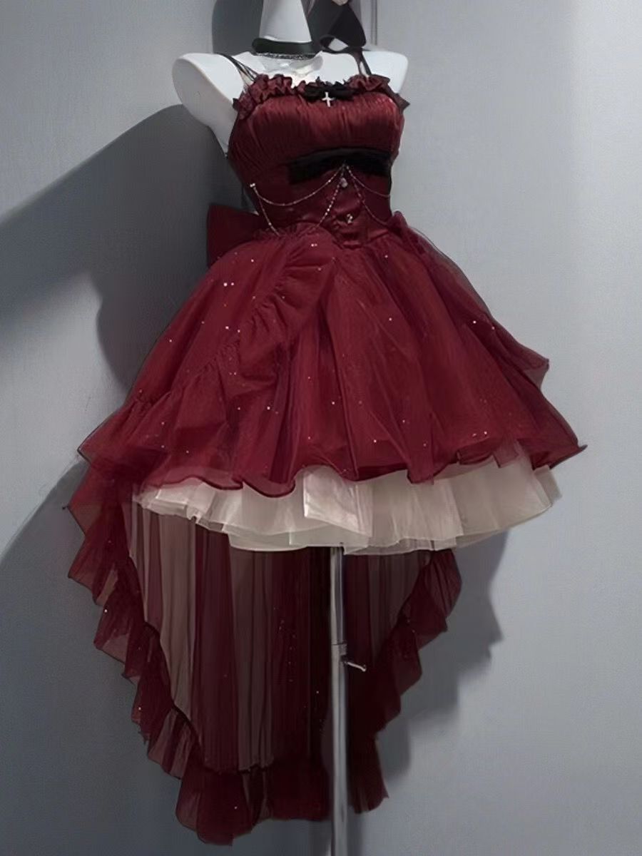 Goth Ball Gown Spaghetti Straps Burgundy Short Mini Corset Back Formal 8th Grade Homecoming Dresses Middle School Lolita Dress Birthday Outfits Lolita Outfit DH1640