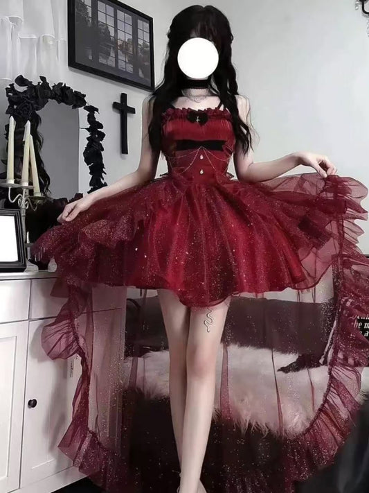 Goth Ball Gown Spaghetti Straps Burgundy Short Mini Corset Back Formal 8th Grade Homecoming Dresses Middle School Lolita Dress 18th Birthday Outfits Lolita Outfit DH1653