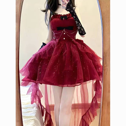 Goth Ball Gown Spaghetti Straps Burgundy Short Mini Corset Back Formal 8th Grade Homecoming Dresses Middle School Lolita Dress 18th Birthday Outfits Lolita Outfit DH1653