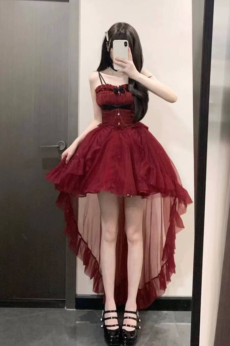 Goth Ball Gown Spaghetti Straps Burgundy Short Mini Corset Back Formal 8th Grade Homecoming Dresses Middle School Lolita Dress 18th Birthday Outfits Lolita Outfit DH1655