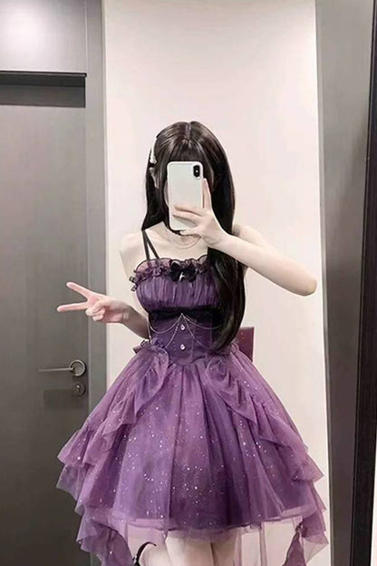 Gothic Ball Gown Spaghetti Straps Purple Short Mini Formal 8th Grade Homecoming Dresses Middle School Cocktail Dress Hoco Outfits Lolita Dress DH1656