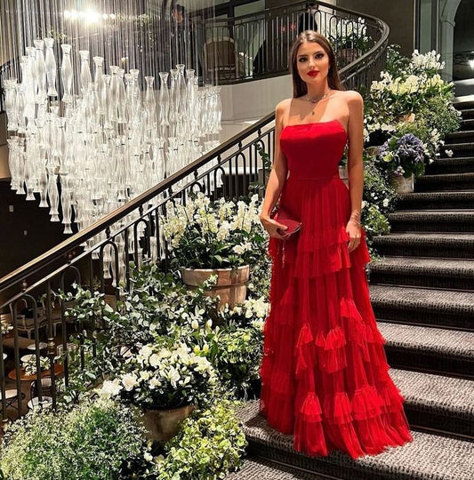 Elegant A line Strapless Red Tulle Long Prom Dresses Party Dress 21st Birthday Outfits Graduation Dresses DH166