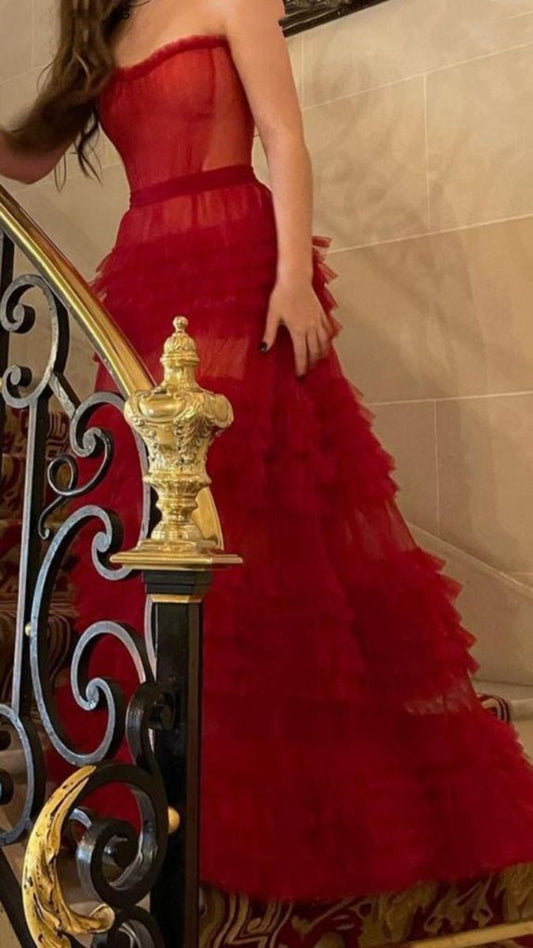 Elegant A line Sweetheart Red Tulle Long Prom Dresses Party Dress 21st Birthday Outfits Graduation Dresses DH167