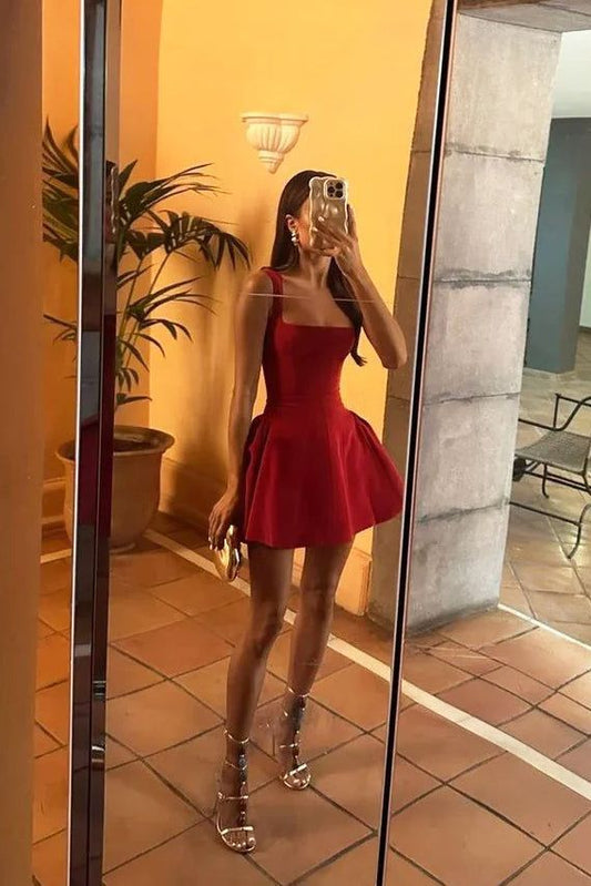 Modest A line Square Neck Burgundy Satin Mini Short Formal 8th Grade Homecoming Dresses Middle School Semi Formal Hoco Dress Cocktail Outfits DH1680