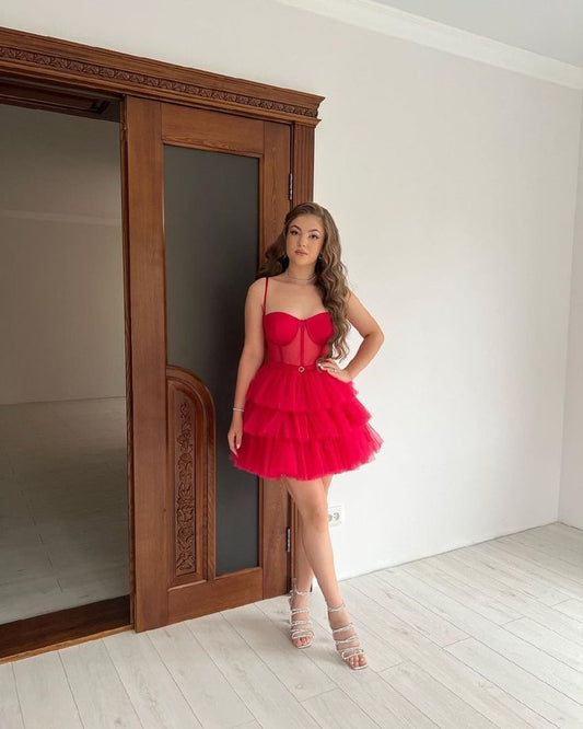 Modest A line Spaghetti Straps Red Tulle Mini Short Formal 8th Grade Homecoming Dresses Middle School Semi Formal Hoco Dress Cocktail Outfits DH1682