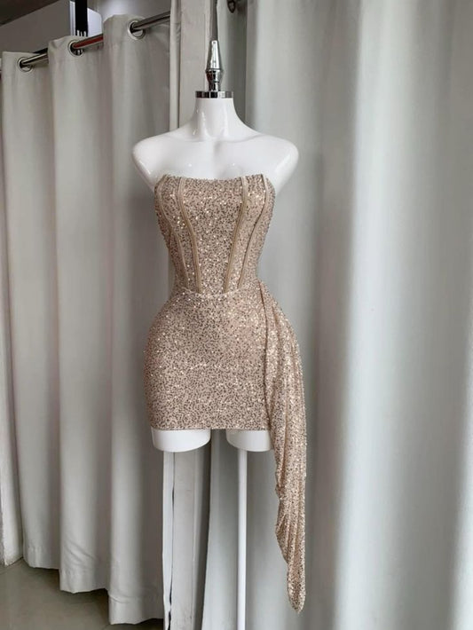 Cute Sheath Strapless Sequin Formal 8th Grade Homecoming Dresses Short Summer Middle School Hoco Dress Black Homecoming Outfits DH17