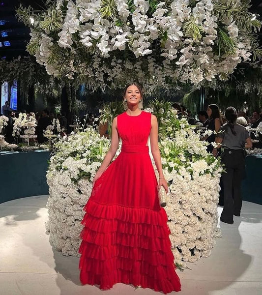 Elegant A line Scoop Red Tulle Long Prom Dresses Party Dress 21st Birthday Outfits Graduation Dresses DH171