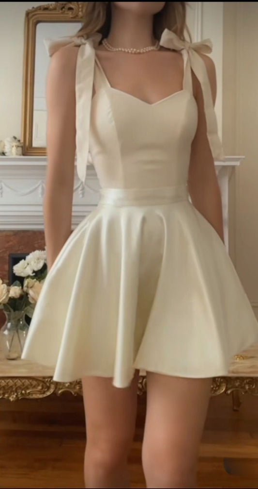 Modest A line Spaghetti Straps Ivory Satin Short Formal 8th Grade Homecoming Dresses Middle School Semi Mini Formal Hoco Dress Hoco Court Dresses DH1711